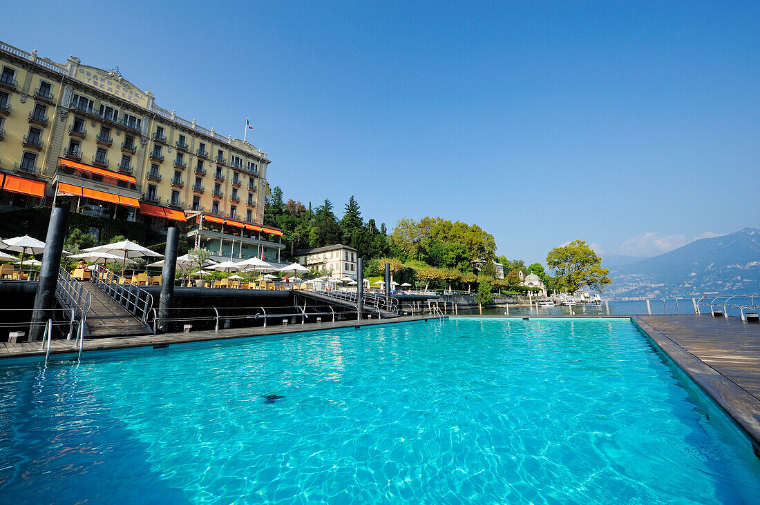 Swimming pool with hotel, Tremezzo, Lake Como, Lombardy, Italy