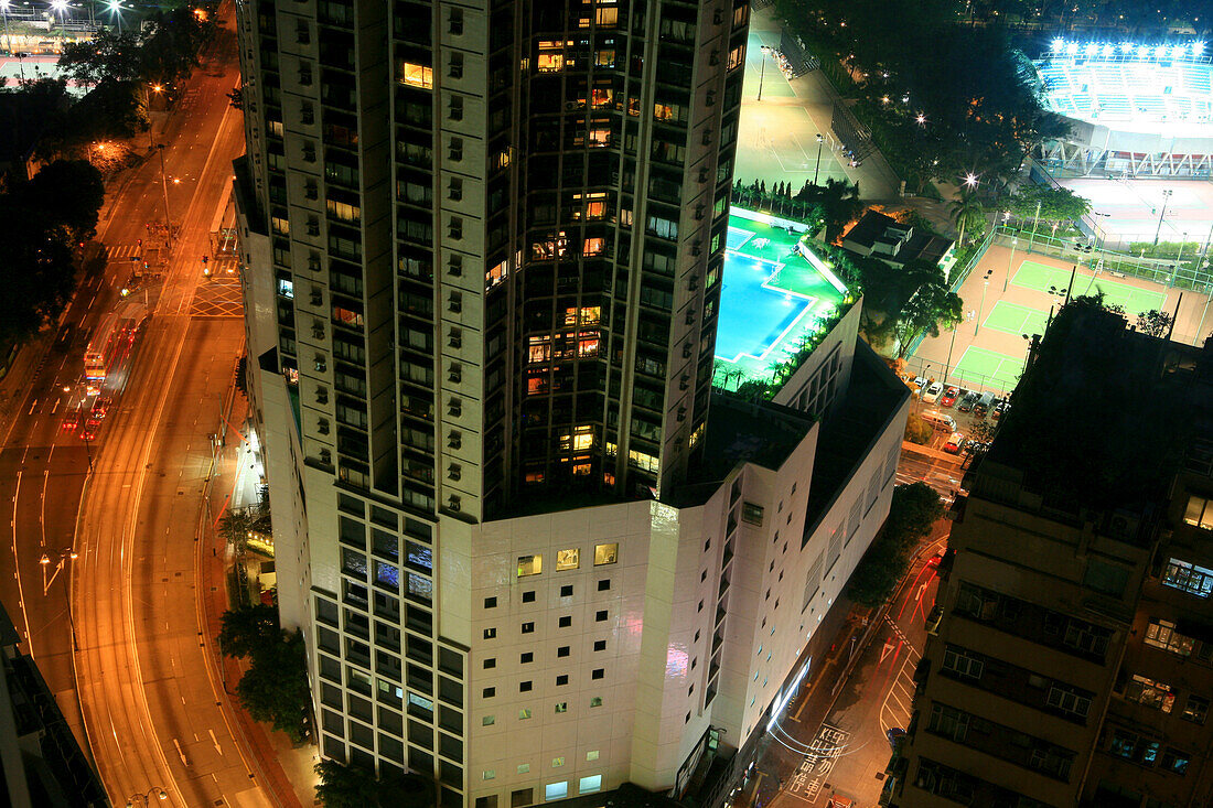 Blick aus einem Hotelfenster in Stadtteil Causeway Bay, Hongkong, China