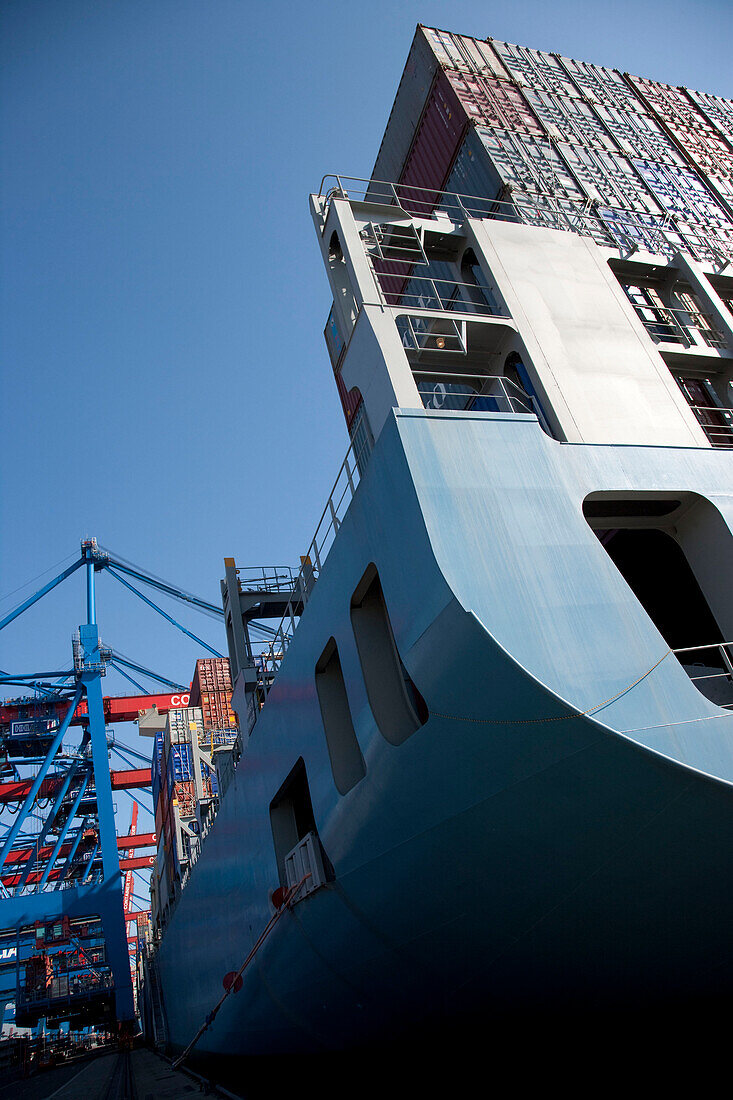 Containerschiff an einer Containerbrücke, Hamburger Hafen, Deutschland