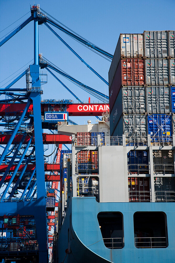 Containerschiff an einer Containerbrücke, Hamburger Hafen, Deutschland