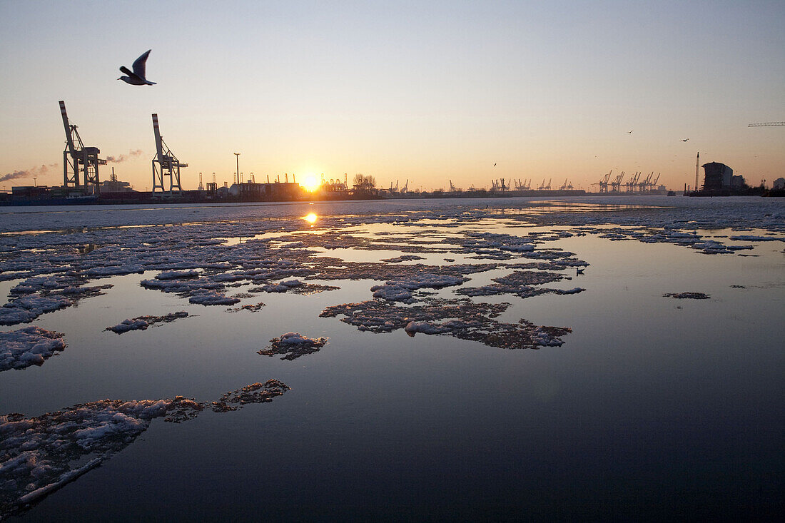 Gefrorene Elbe im Sonnenuntergang, Hamburg, Deutschland