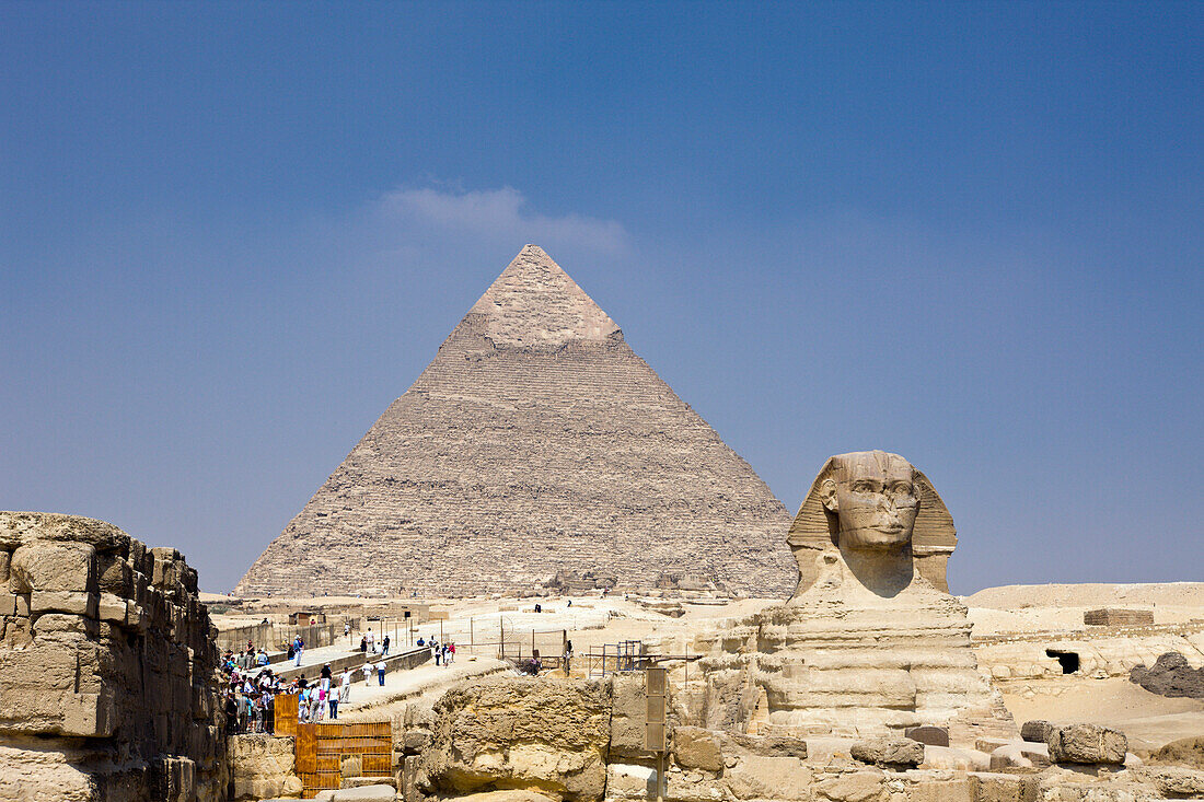 Great Sphinx of Giza against Khafra Pyramid, Egypt, Cairo