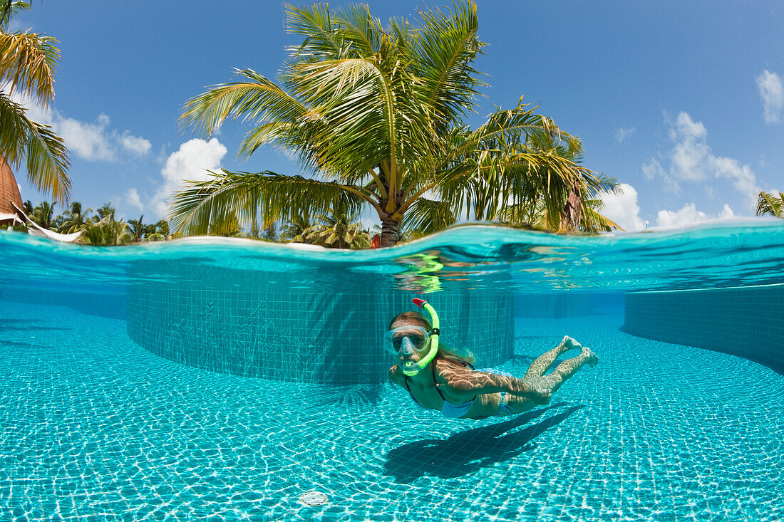 Woman in Swimming Pool, Maldives, South Male Atoll