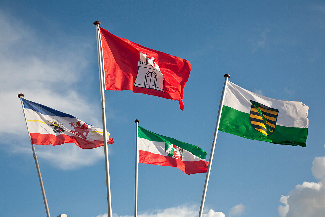 Flags of Mecklenburg-Western Pomerania, Hamburg, North Rhine-Westphalia, Saxony, Wyk, Foehr island, Schleswig-Holstein, Germany