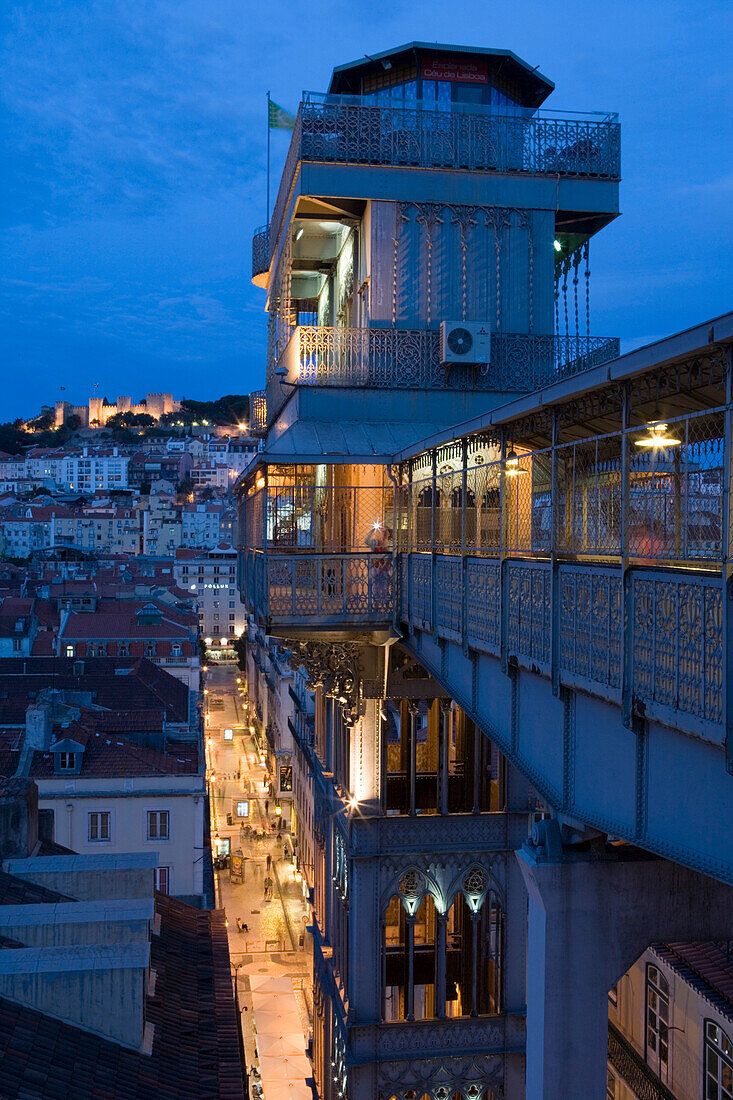 Elevador de Santa Justa and castle of São Jorge, St. George's Castle at Night, Lisbon, Lisboa, Portugal, Europe