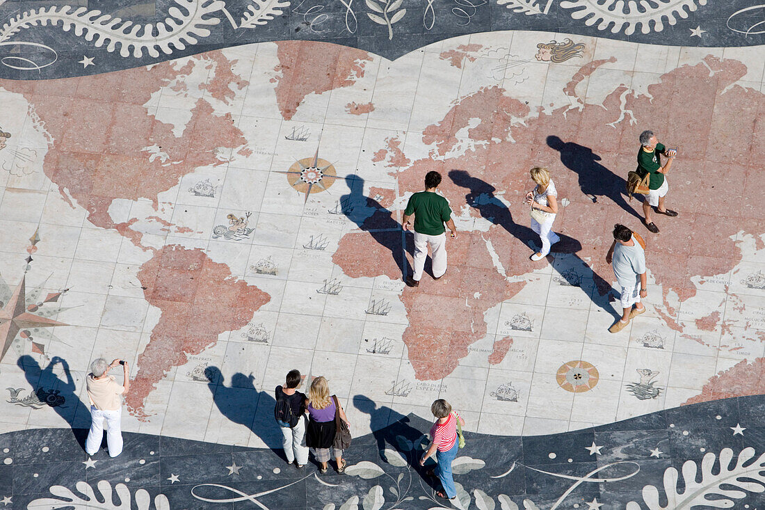 People on the World Mosaic Map, View from the top of the Discoveries Monument, Padrao dos Descobrimentos, Belem, Lisbon, Lisboa, Portugal, Europe