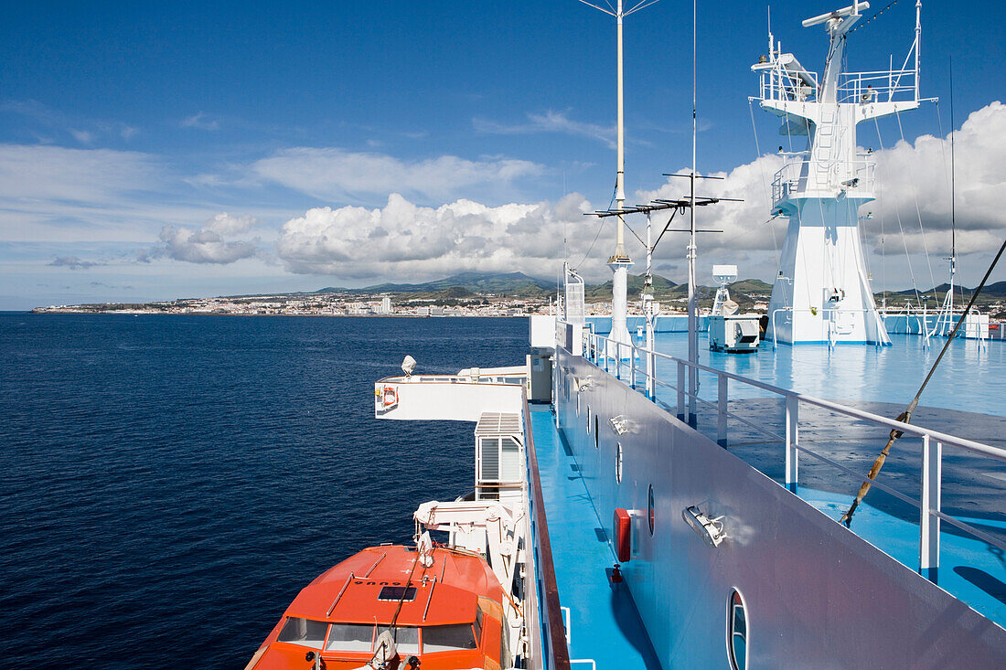 Cruiseship MS Delphin Voyager approaching Sao Miguel, Ponta Delgada, Sao Miguel Island, Azores, Portugal, Europe