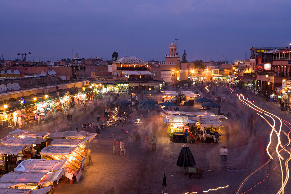 Djemaa el Fna Square at dusk, view from the terrace of Cafe Glacier, Marrakesh, Morocco, Africa