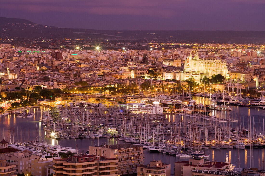 View of the harbour at dusk from Castell de Bellver, Palma, Mallorca, Balearic Islands, Spain, Europe