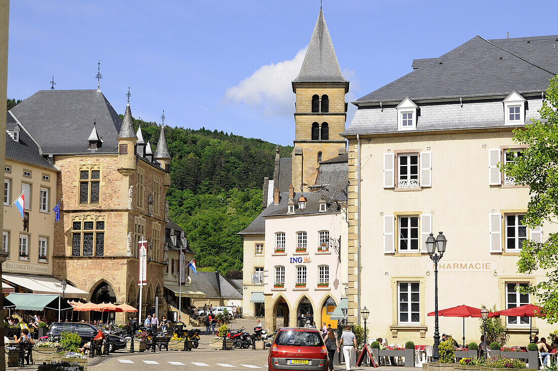Marketplace and basilica in the sunlight, Echternach, Luxembourg, Europe