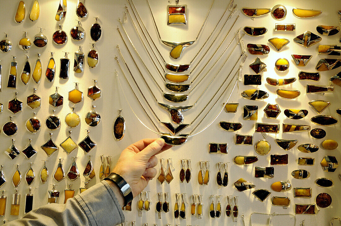 View at display with amber jewelry, Gdansk, Poland, Europe