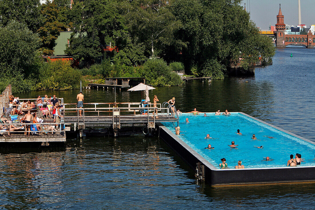 Badeschiff On The Spree, Badeschiff An Der Spree, Open-Air Swimming Pool, Arena Complex, Treptower Park, And Oberbaumbrucke Bridge, Berlin, Germany