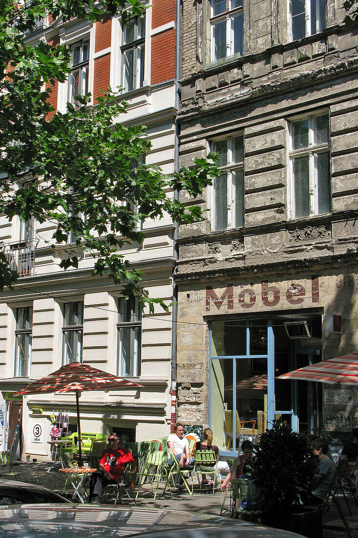 Sidewalk Cafe, Renovated And Unrenovated Buildings, Prenzlauerberg Neighborhood, Berlin, Germany