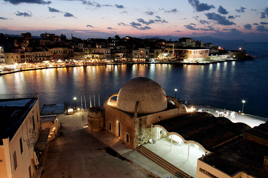 Port Of Chania Seen At Night, Crete, Greece