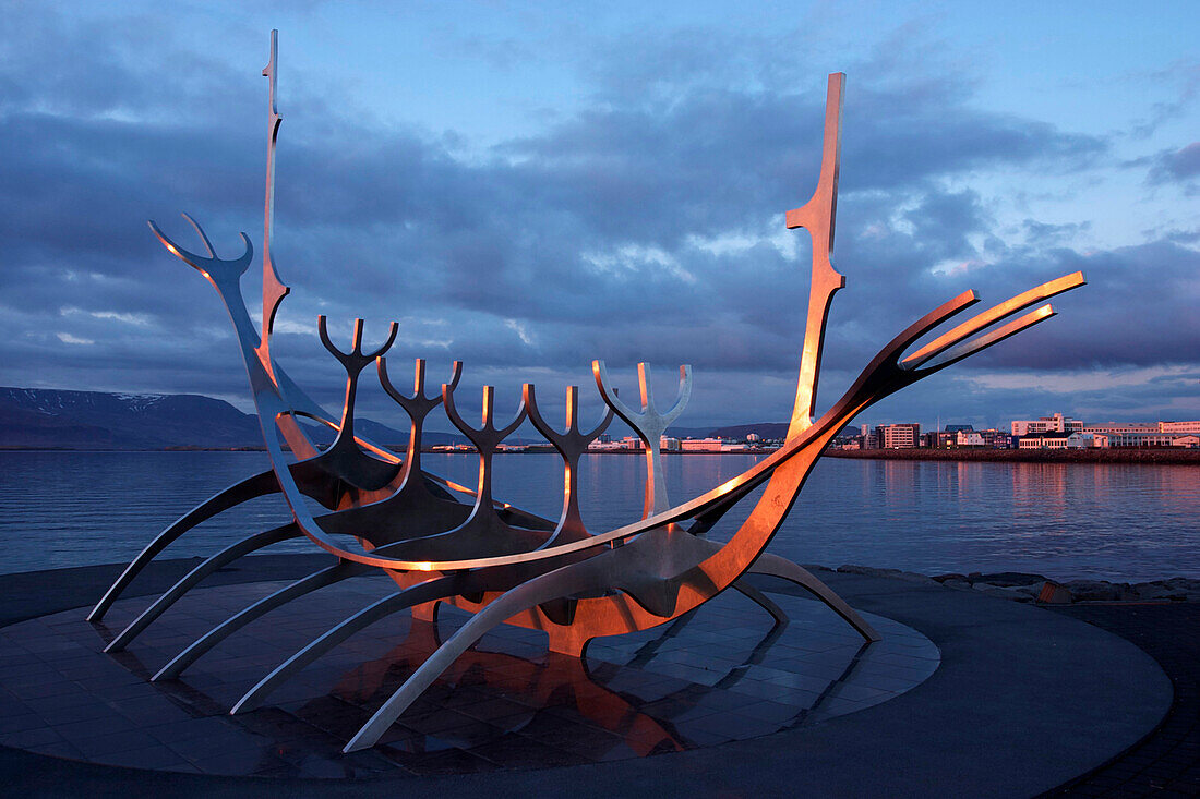 Viking Monument In Reykjavik Lit Up By The Midnight Sun, Drakkar, Monument In Homage To The Vikings, Iceland