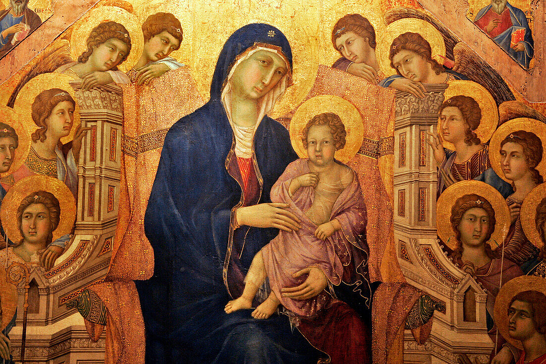 Altarpiece Maesta De Duccio Painted Between 1308 And 1311 On A Gold Background, Museo Dell'Opera Del Duomo, Piazza Della Quercia, Siena, Tuscany, Italy