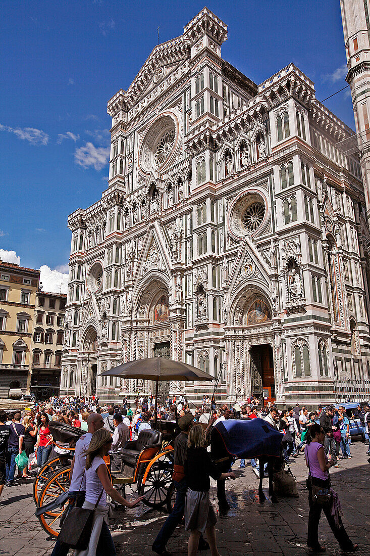 Facade In Coloured Marble Of The Duomo, Santa Maria Del Fiore Cathedral And Campanile, Florence, Tuscany, Italy