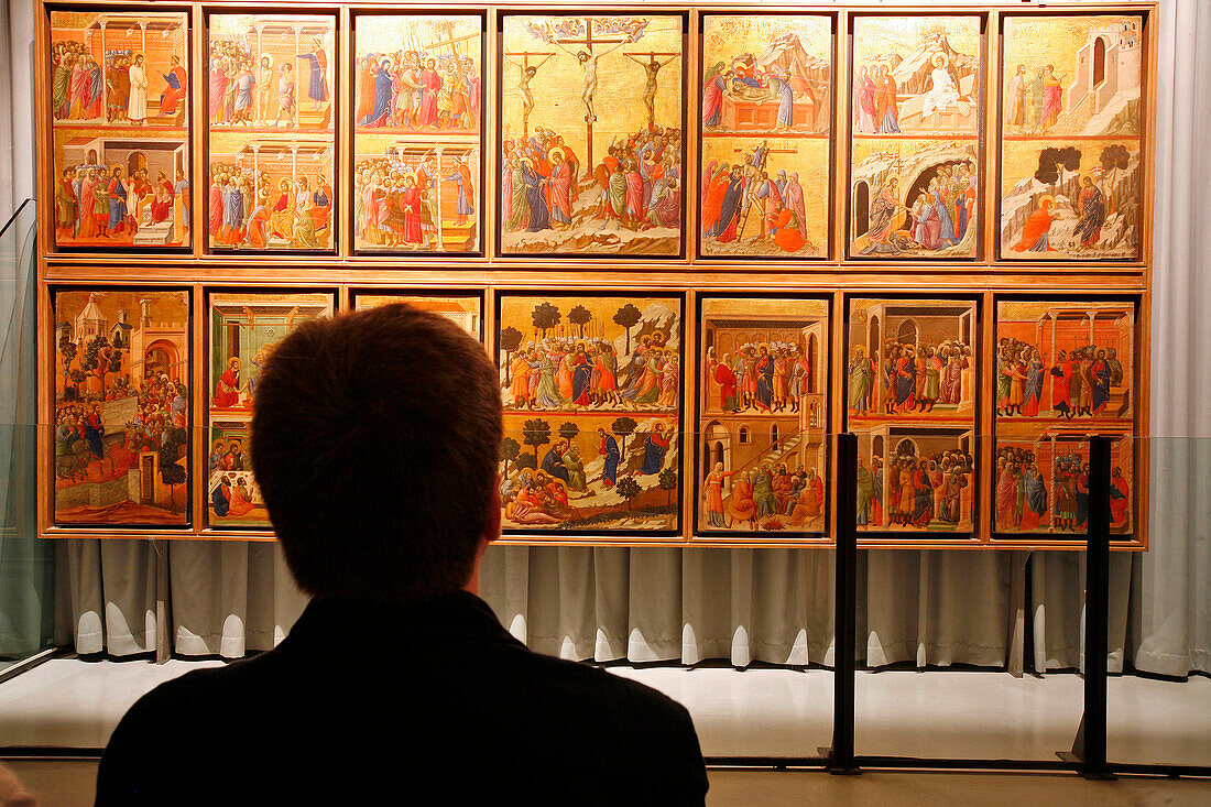 The Back Of The Maesta Altarpiece By Duccio Painted Between 1308 And 1311 Composed Of 26 Pictures Of The Passion, Museo Dell'Opera Del Duomo, Piazza Della Quercia, Siena, Tuscany, Italy