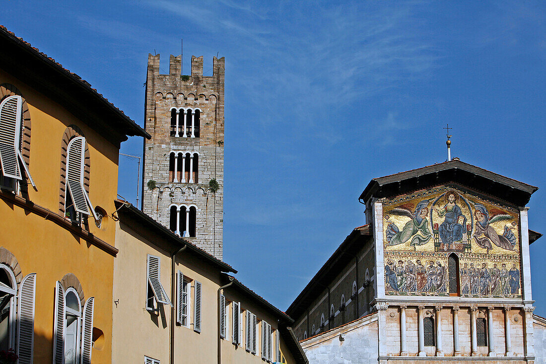 13Th Century Byzantine-Style Mosaic, Facade Of The San Frediano Basilica And Its Campanile, Piazza San Frediano, Lucca, Tuscany, Italy