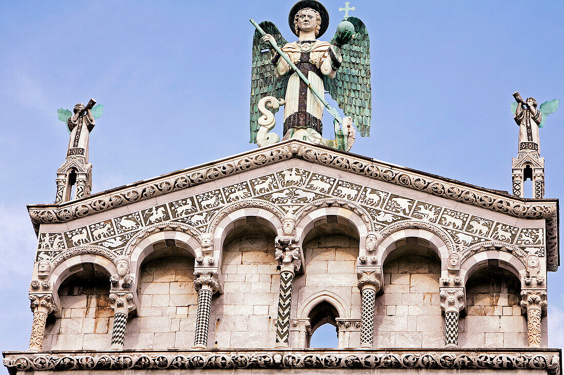 Angels And Facade Of The San Michele In Foro Church, Lucca, Tuscany, Italy