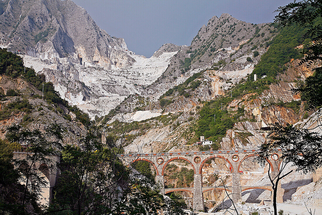 White Marble Quarry In The Fantiscritti Valley And Vara Bridge, World Marble Capital, Carrara, Tuscany, Italy