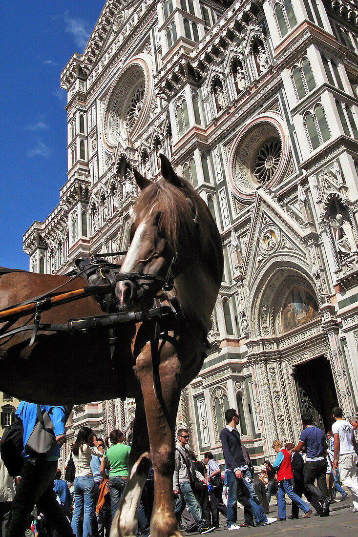 Facade In Coloured Marble Of The Duomo, Santa Maria Del Fiore Cathedral And Campanile, Florence, Tuscany, Italy