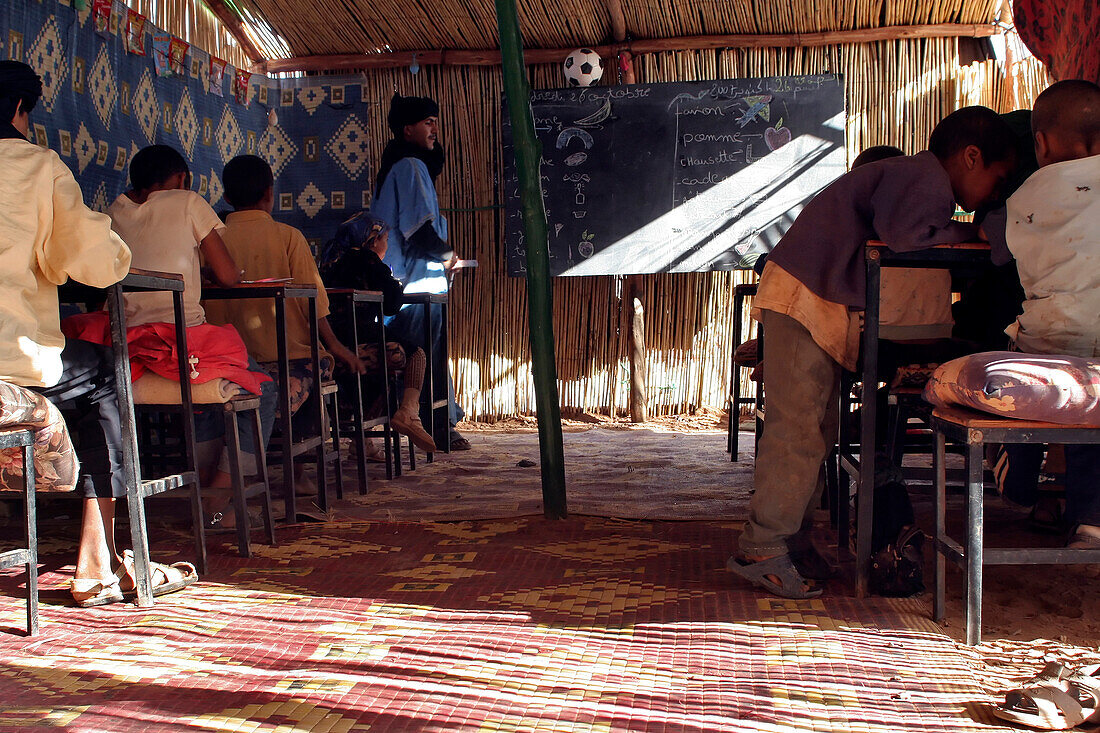 Classroom Of Nomad Children. Association For The Development Of Nomad Life In The Zagora Region, Berber People, Morocco, Maghrib, North Africa