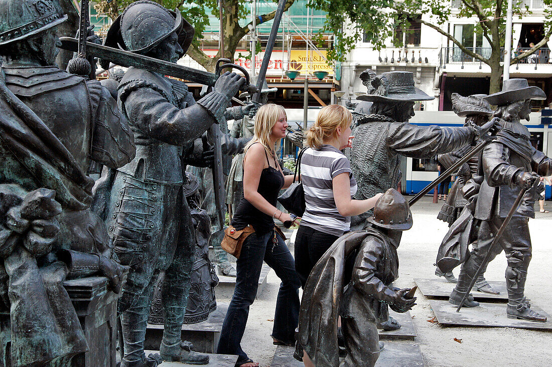 Bronze Statues Representing Figures From Rembrandt'S The Night Watch, Rembrandtplein Square, Amsterdam, Netherlands