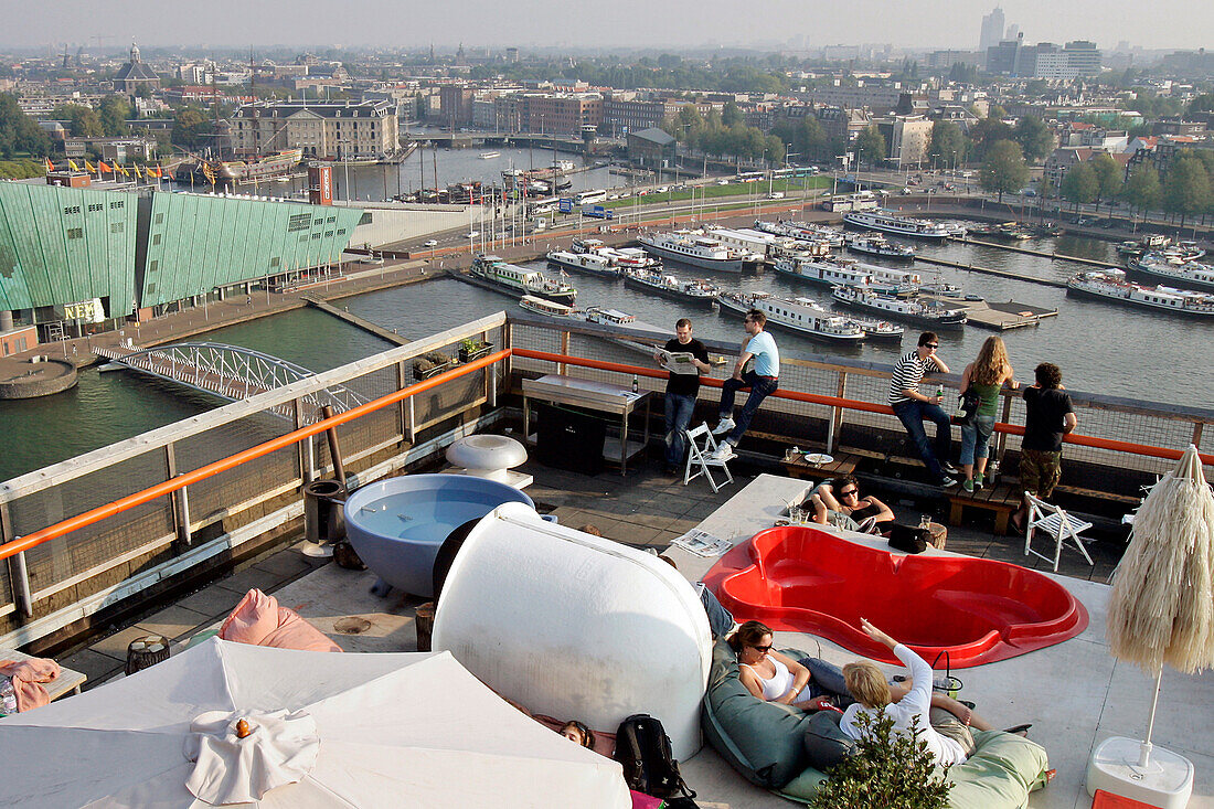 Panoramic Terrace Of The Bar Club 'The 11' With View Of The Science Center 'Nemo', A Work By The Architect Renzo Piano, Amsterdam, Netherlands