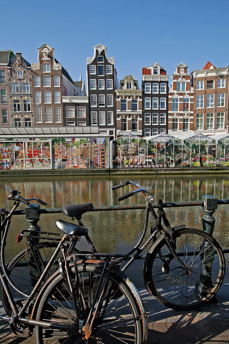 Typical Dutch Bicycle Along A Canal, Flower Market, Bloemenmarkt, Amsterdam, Netherlands, Holland