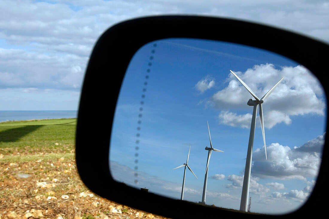 Reflection In A Rear-View Mirror, Wind Turbines By The Sea On The Heights Of Fecamp, Seine-Maritime (76), France
