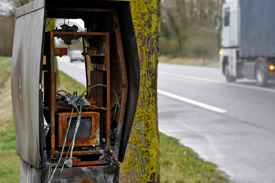 Fire Of A Speed Radar (Anti-Radar Vandalism) On The National Route 13 In A Place Called Caillouet Between Pacy-Sur-Eure Et Evreux (27), France