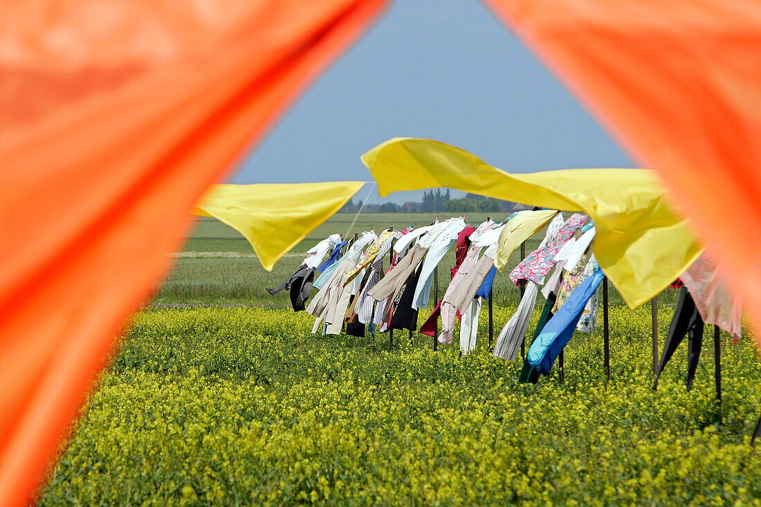 The Harvests Of Aeolus, Voves. In The Center Of A Field Of Wild Grass, Rows Of Sheets Show The Fluxes Of The Wind That Predominate In Beauce, In The Image Of A Giant Compass Rose. Euroland, Art, First European Festival Of Life-Size Art On The Wheat Route 