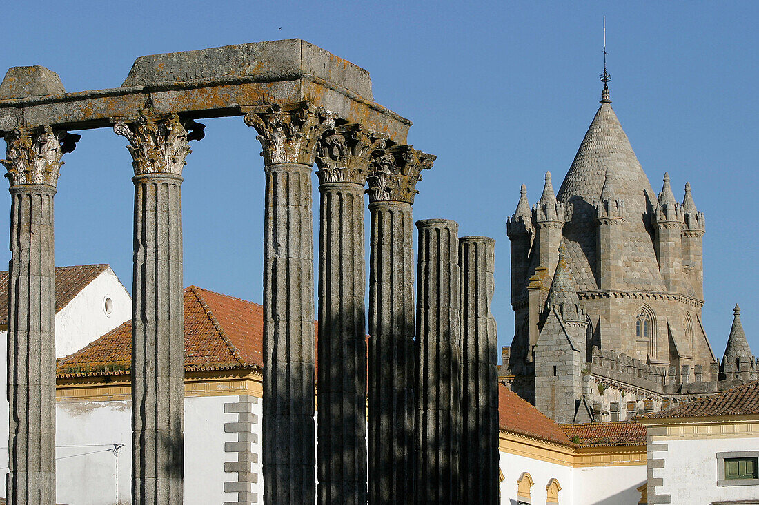 Roman Temple And Cathedral, Evora, Alentejo, Portugal