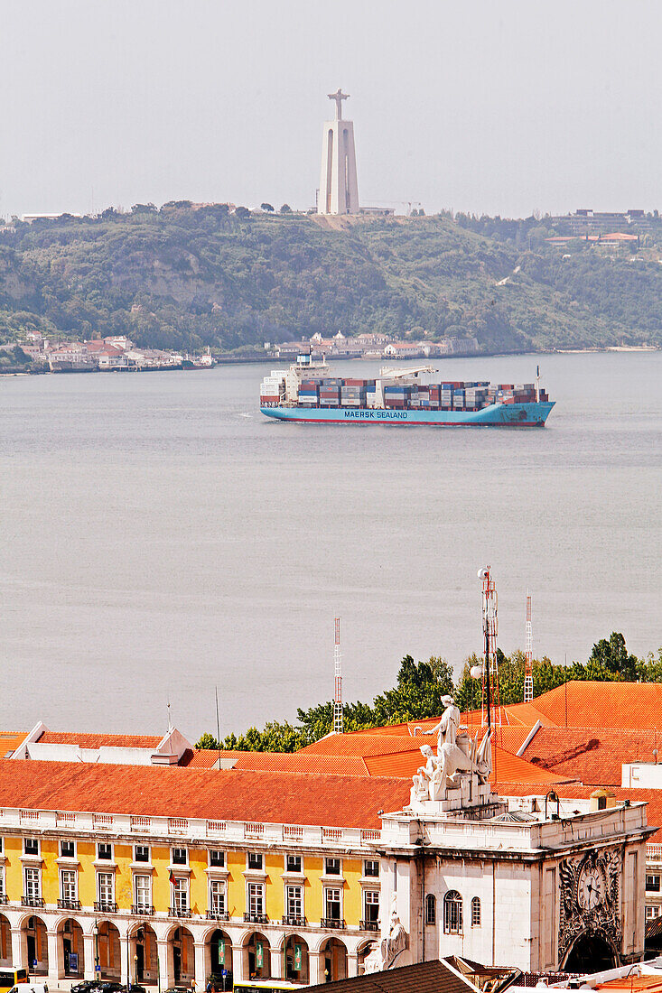 Praca Do Comercio, Commerce Square, Container Boat On The Tagus And Cristo Rei Statue, Portugal, Europe
