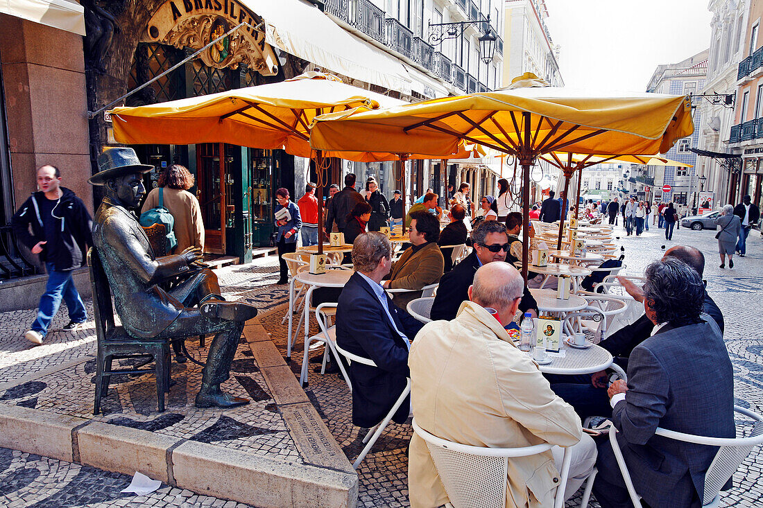 Rua Garrett, Sidewalk Cafe A Brasileira And Statue Of Fernando Pessoa, Chiado District, Portugal, Europe