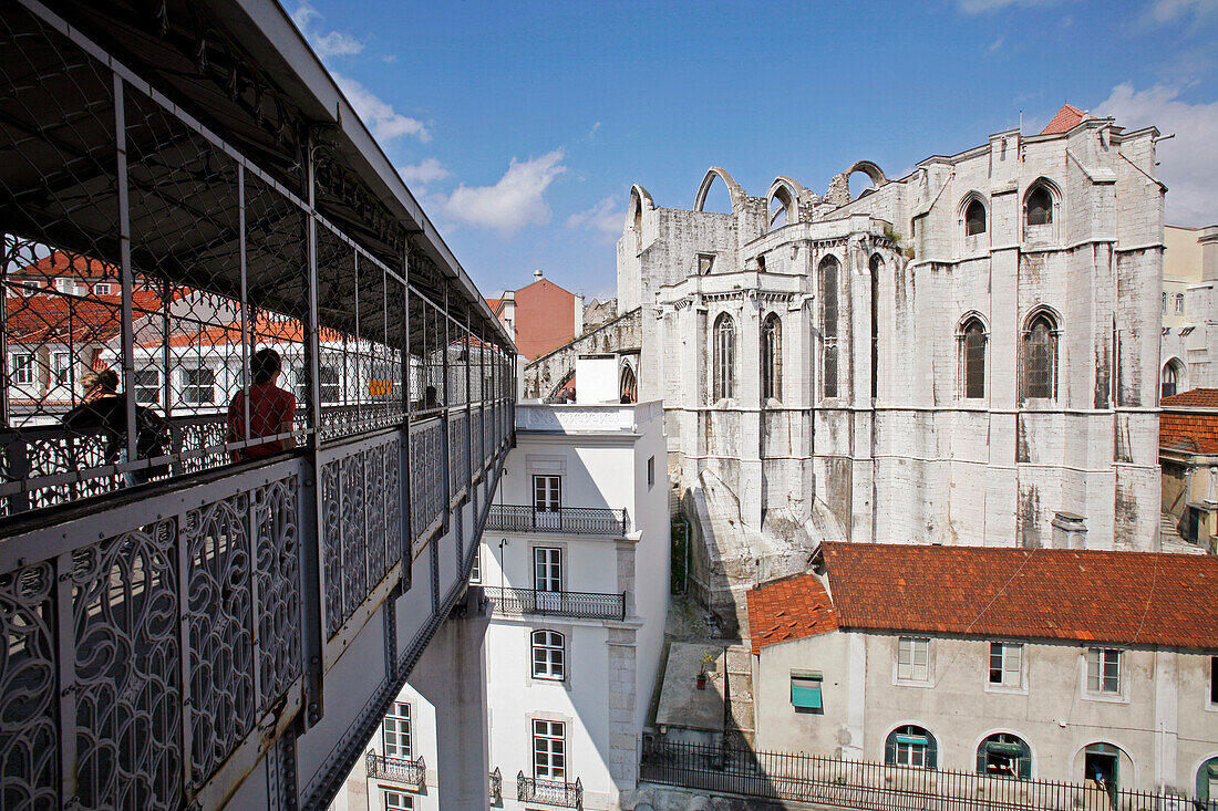 Footbridge Of The Elevador De Santa Justa Carmelite Convent And Museum (Igreja E Museu Arqueologico) And The Chiado Neighborhood, Lisbon, Portugal, Europe