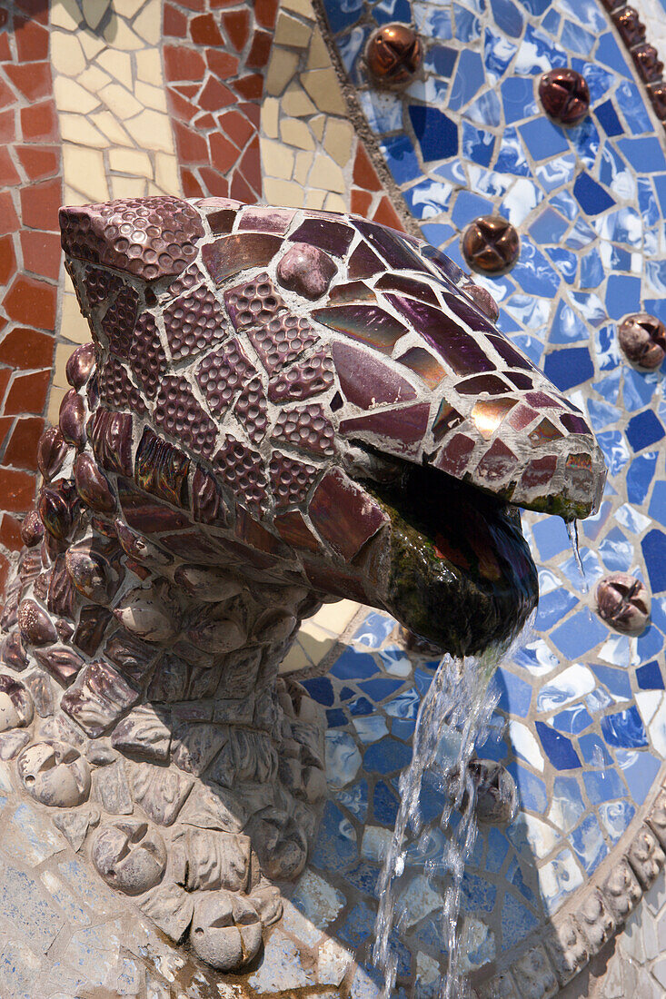 Mosaic Fountain at Park Guell of Architect Antoni Gaudi,Barcelona,Catalonia,Spain