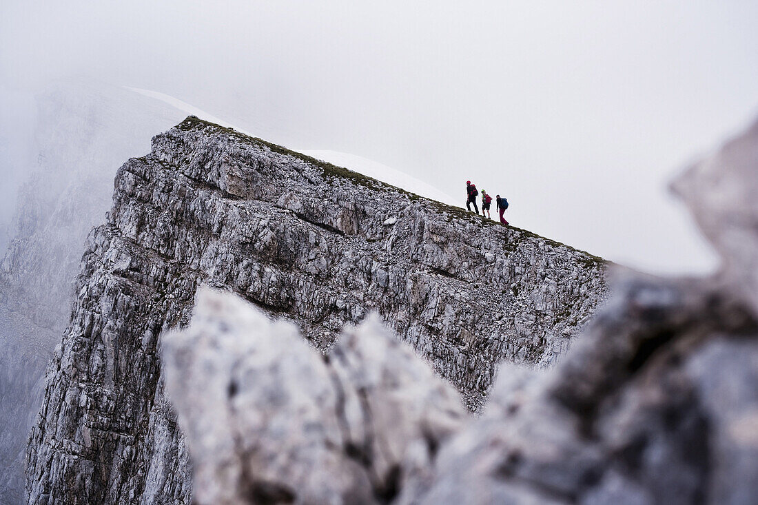 Three mountaineers ascending Sonntagkarspitze, Innsbruck, Karwendel range, Tyrol, Austria