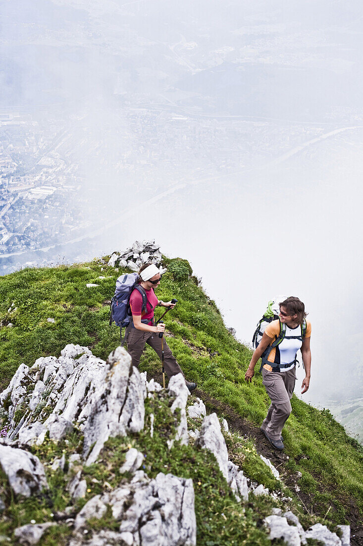 Two women mountain hiking, Innsbruck, Karwendel range, Tyrol, Austria