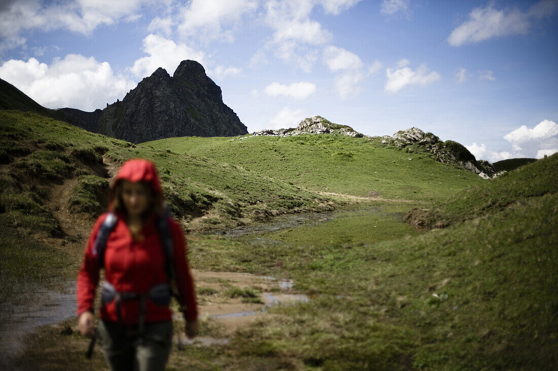 Junge Frau wandert, Schwarzhorn im Hintergrund, Montafon, Vorarlberg, Österreich