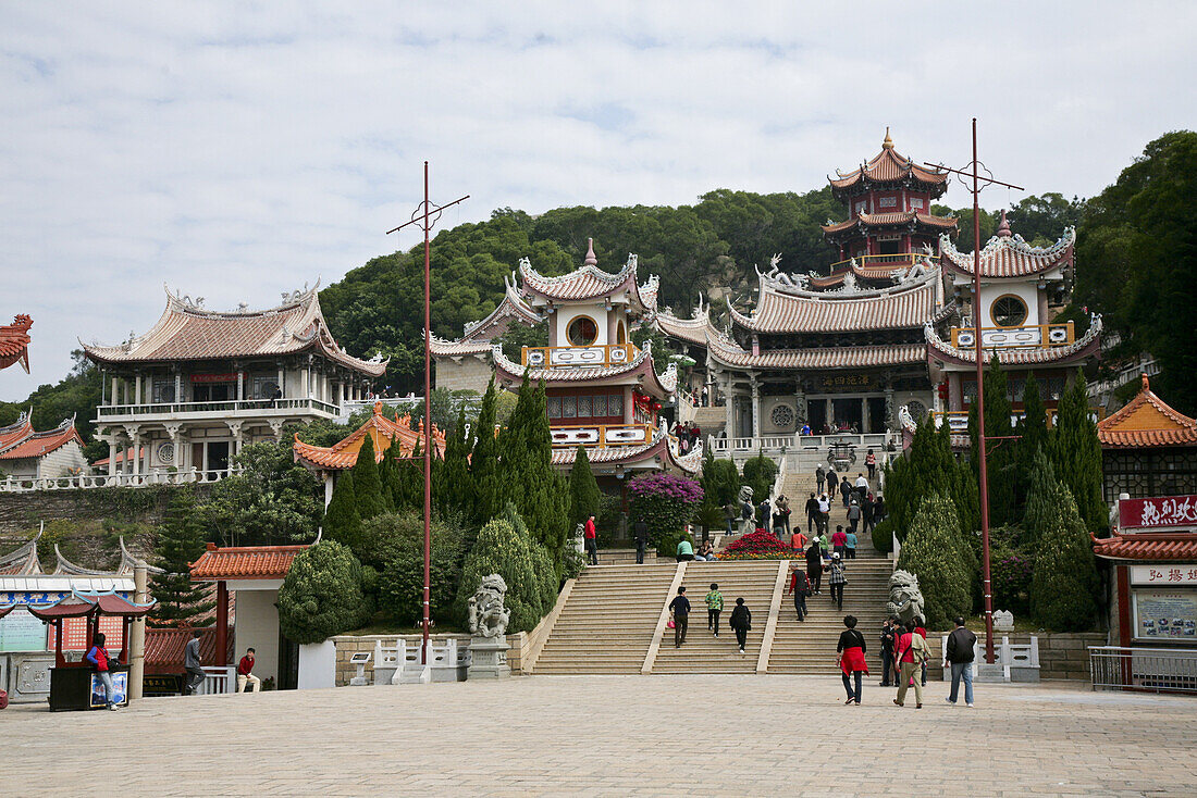 People in front of the main temple Mazu miao on Mazu island, Meizhou Island, Fujian province, China, Asia