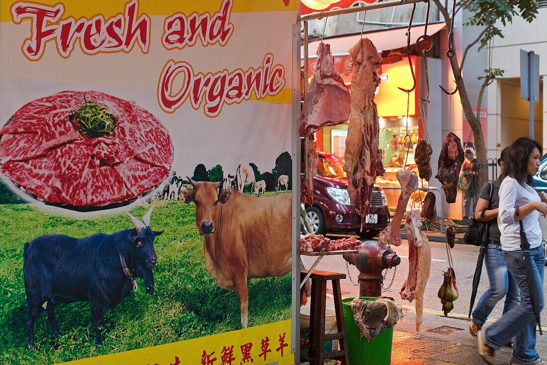 Marktstand mit Fleisch auf dem Wanchai Markt, Wanchai, Hongkong, China, Asien