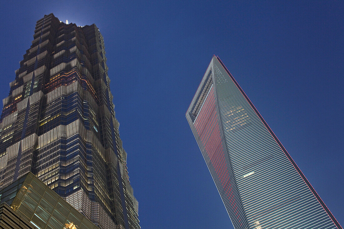 Jin Mao Tower and World Trade Financial Center at night, Pudong, Shanghai, China, China, Asia
