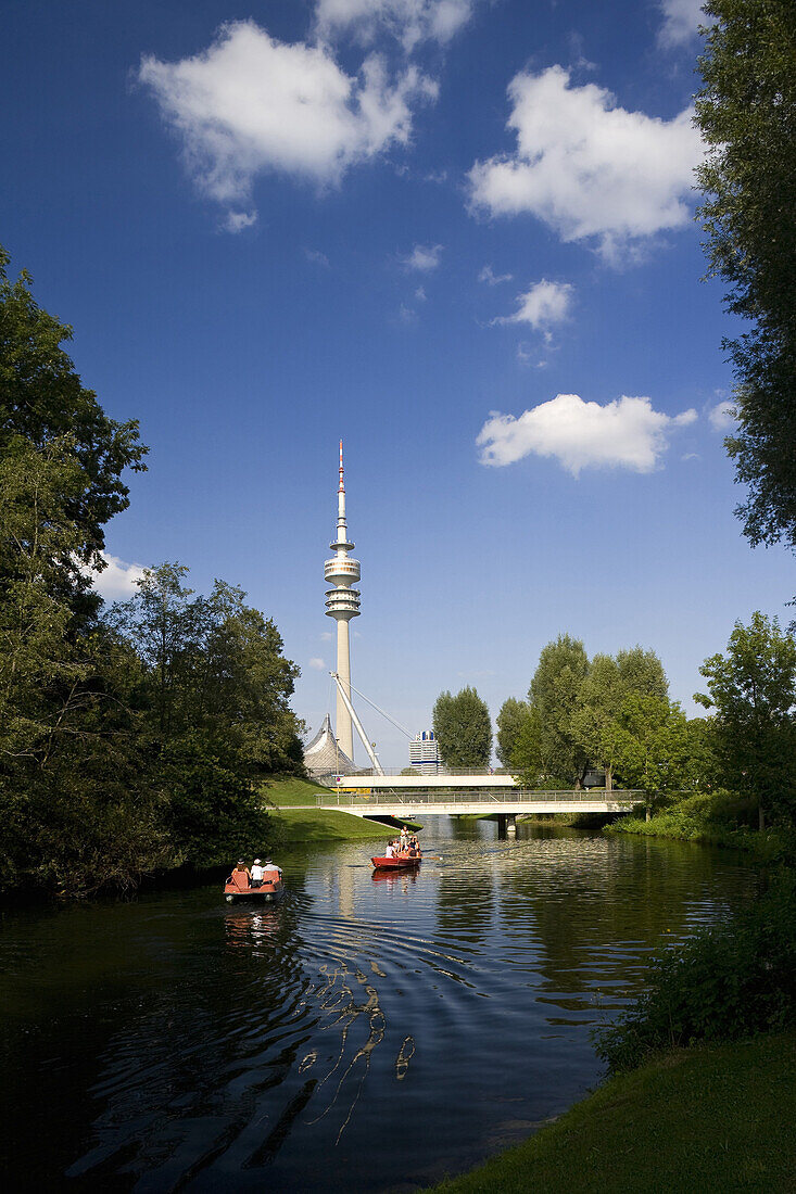 Olympia Park with Olympic tower and lake, Munich, Upper Bavaria, Bavaria, Germany, Europe