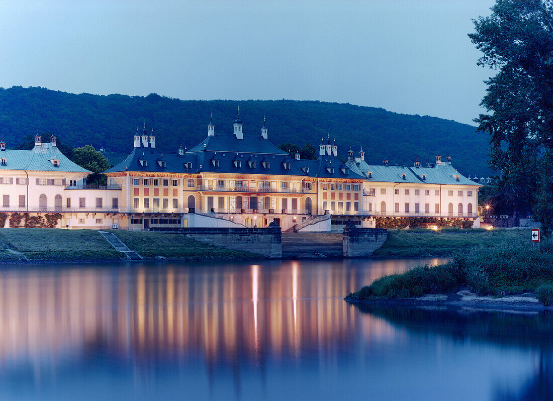 Illuminated Pillnitz Castle near Dresden, Saxony, Germany, Europe