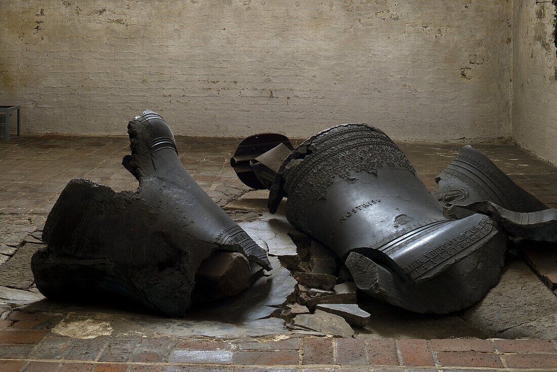 The bells, partly melted during the fire in 1942 in St. Mary's church, Marienkirche, Hanseatic city of Lübeck, Schleswig-Holstein, Germany, Europe, UNESCO World Cultural Heritage