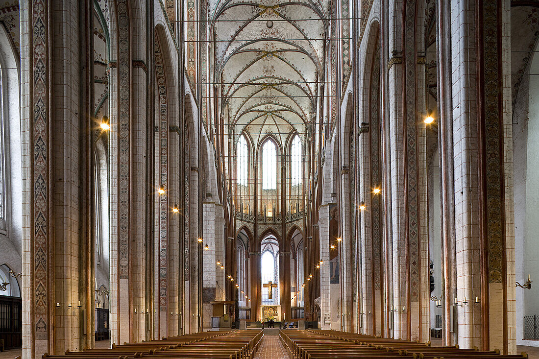 Main nave in St. Mary's church, Marienkirche, Hanseatic city of Lübeck, Schleswig-Holstein, Germany, Europe, UNESCO World Cultural Heritage