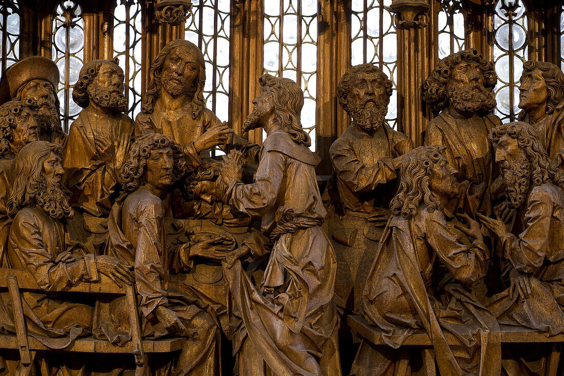 Holy Blood altar piece, detail of the Last Supper from woodcarver Tilman Riemenschneider in St. Jakob's church in Rothenburg ob der Tauber, Bavaria, Germany, Europe