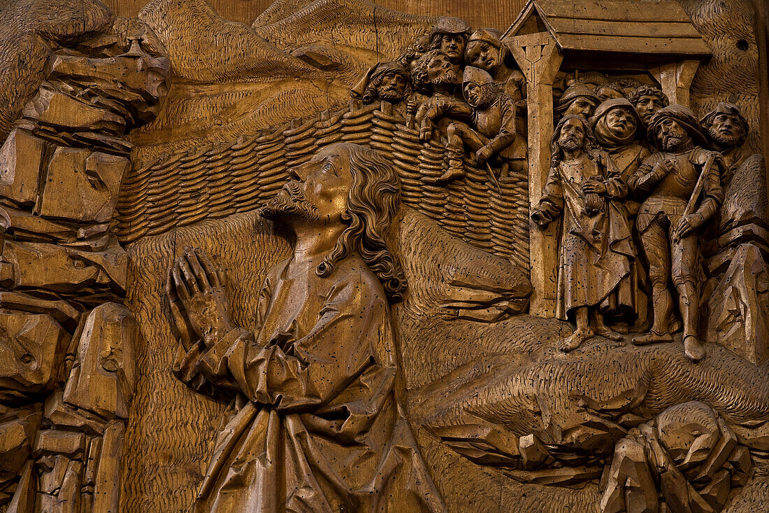 Holy Blood altar piece, detail of Jesus Christ praying on the mount of olives, from woodcarver Tilman Riemenschneider in St. Jakob's church in Rothenburg ob der Tauber, Bavaria, Germany, Europe